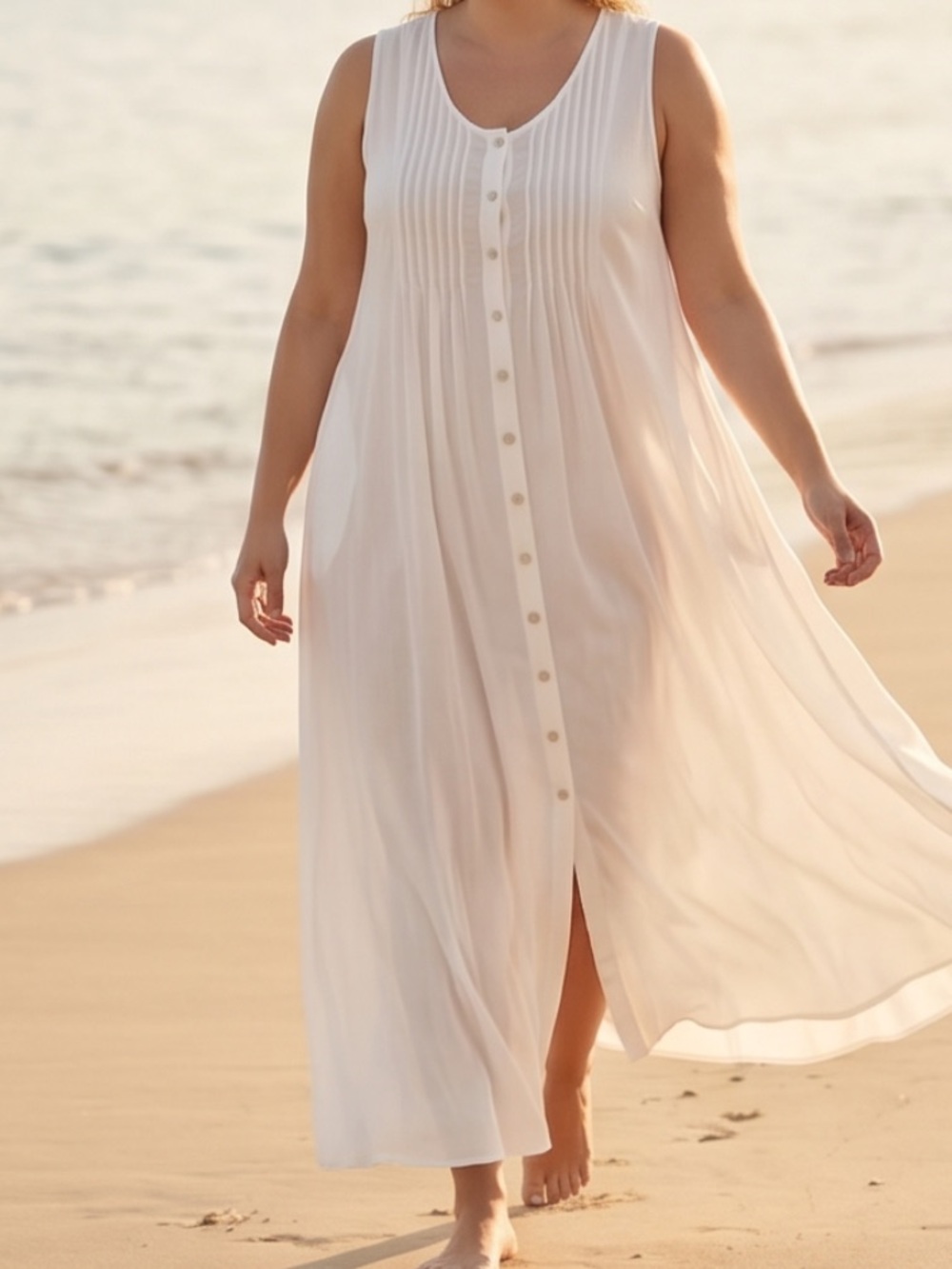 Sleeveless Linen White Embroidered Button-Front Wedding Dress
